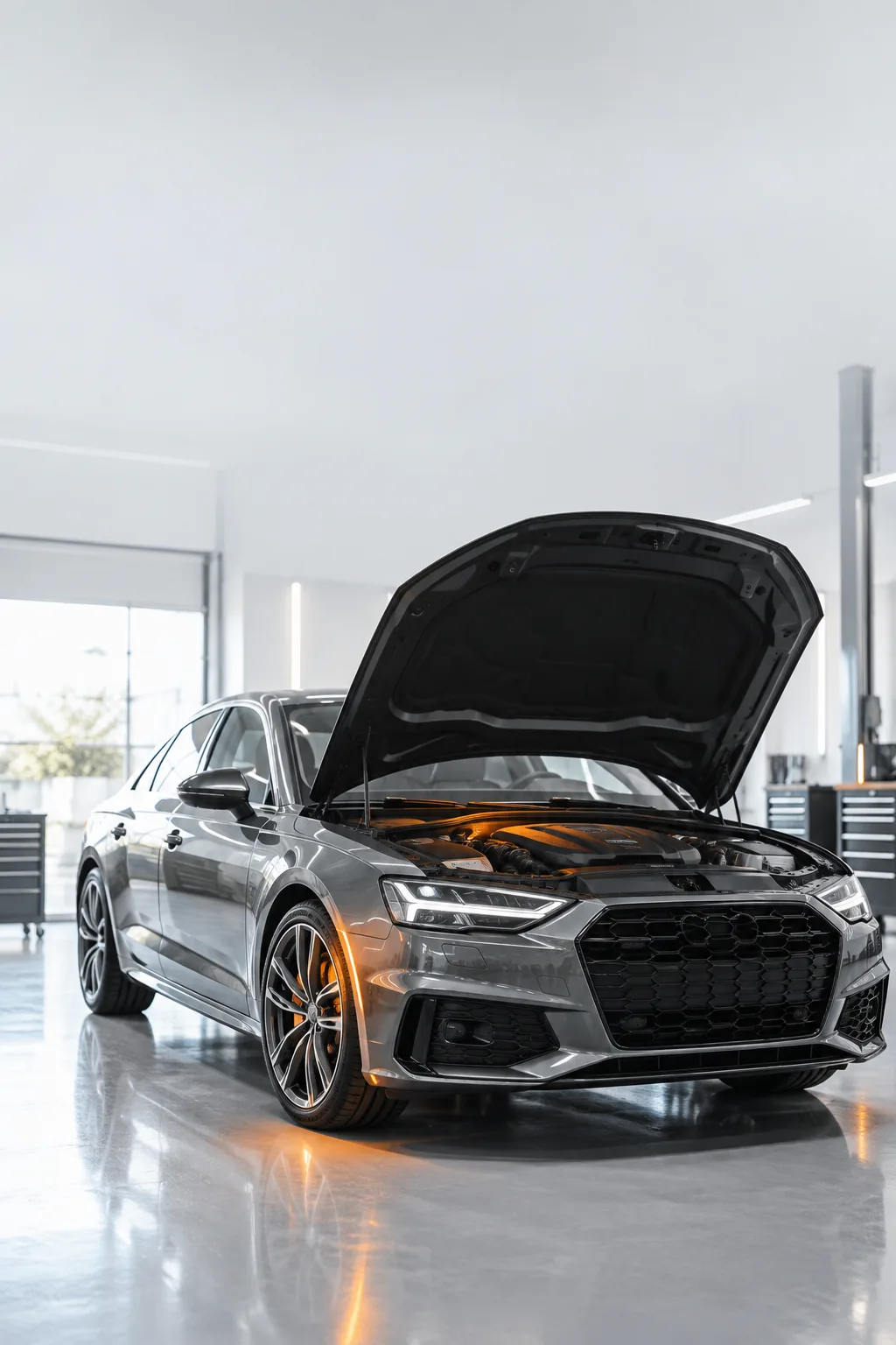 Véhicule dans un atelier, capot ouvert pour un diagnostic automobile.