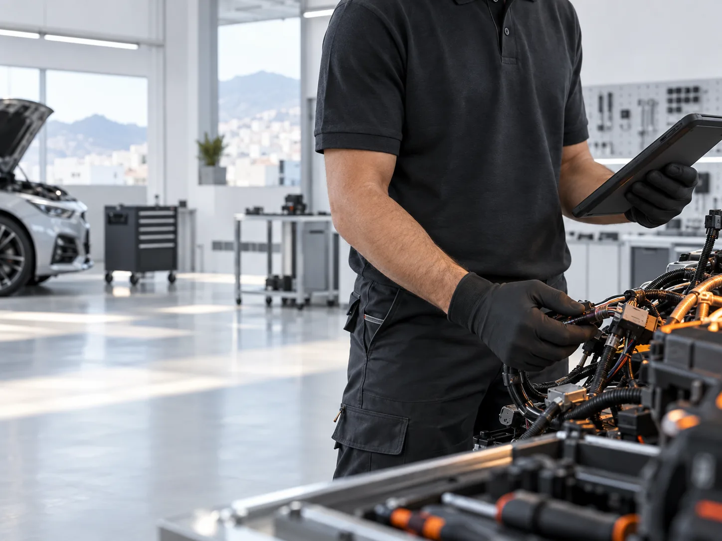 Technicien automobile inspectant un faisceau électrique à l’aide d’une tablette de diagnostic.